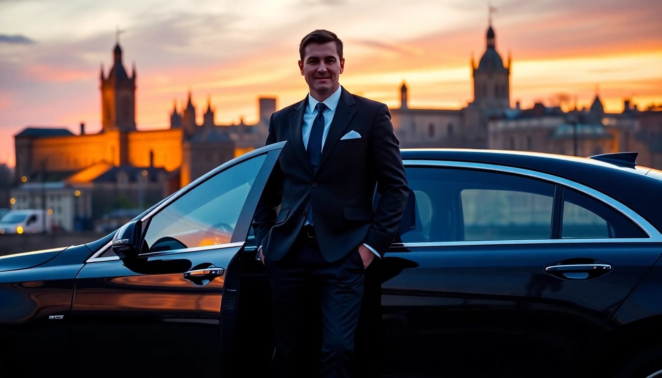 Chauffeur Nottingham offering luxury transport with iconic city backdrop at sunset.
