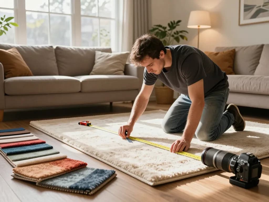 Residential carpet installation in a cozy living room with warm sunlight illuminating the process.