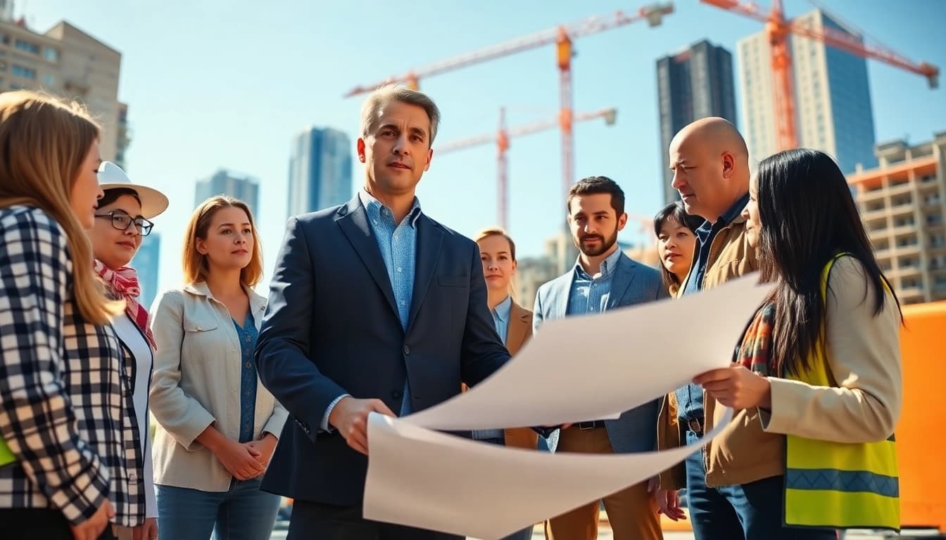 New York Construction Manager leading a team in a vibrant project environment.