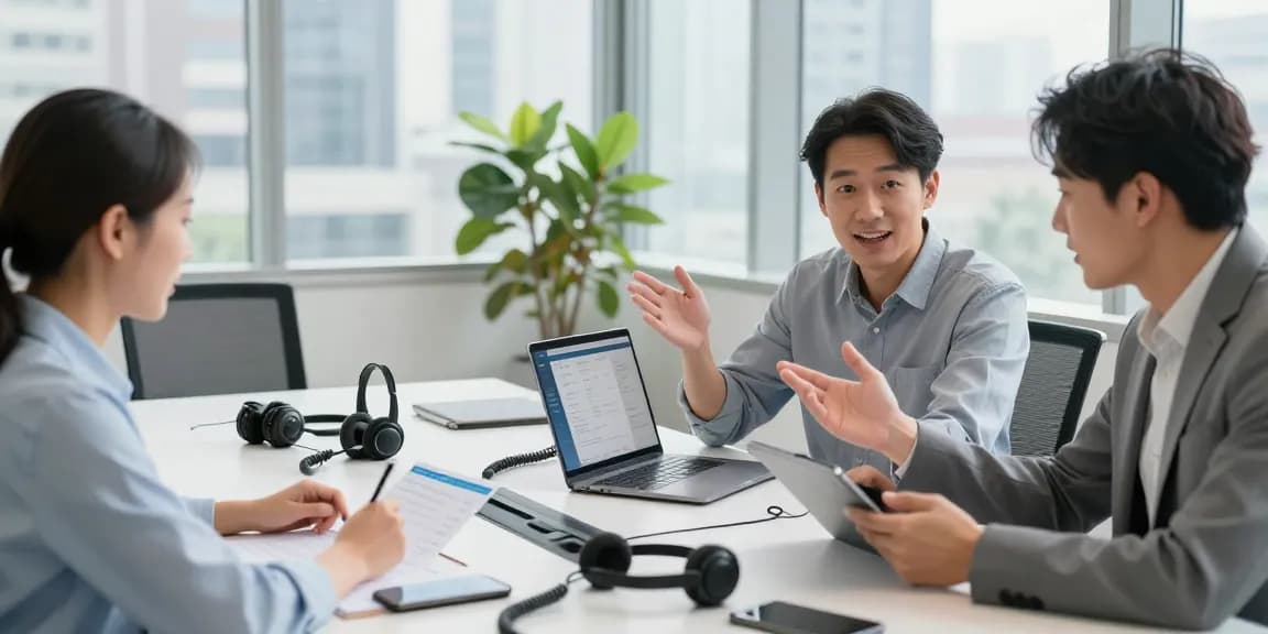 Team discussing small business phone systems in a modern office setting with laptops and smartphones.