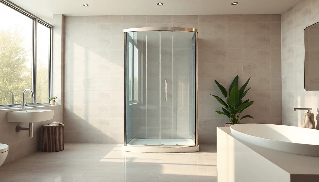 Brillante duschkabine 100x100 pendeltür in einem modernen Badezimmer mit eleganten Fliesen.