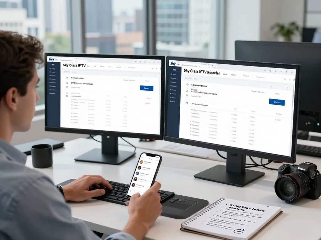 Sky Glass IPTV Reseller Panel dashboard displayed on monitors in a modern office setting, showcasing subscription analytics and customer engagement.