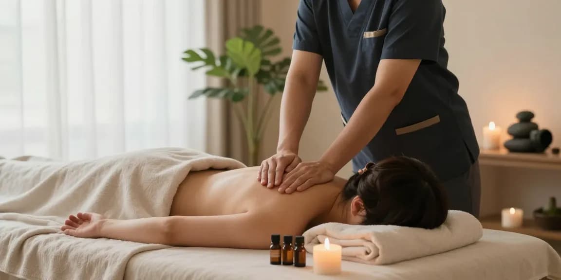 Tranquil home massage scene highlighting 영통출장안마 with a therapist providing soothing relaxation.