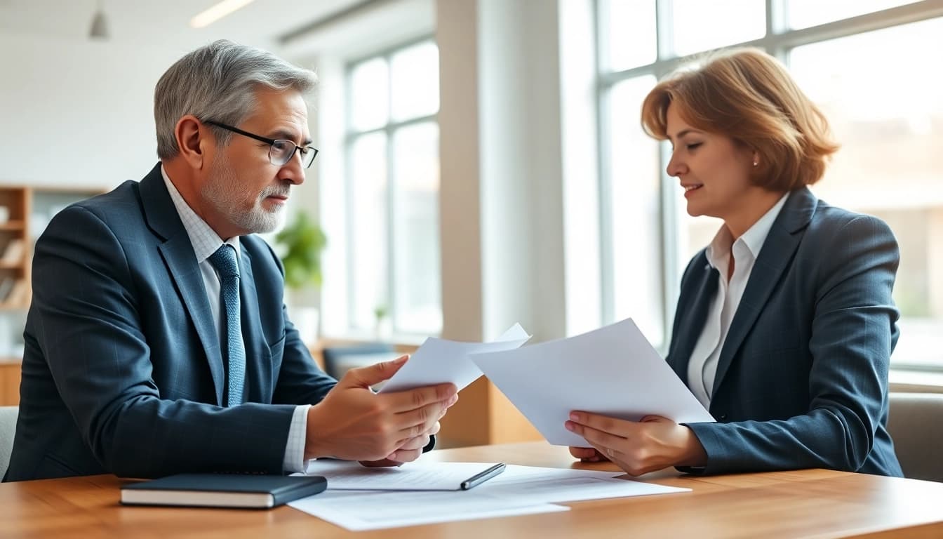 Lawyer explaining a Power of Attorney to a client in an office setting.