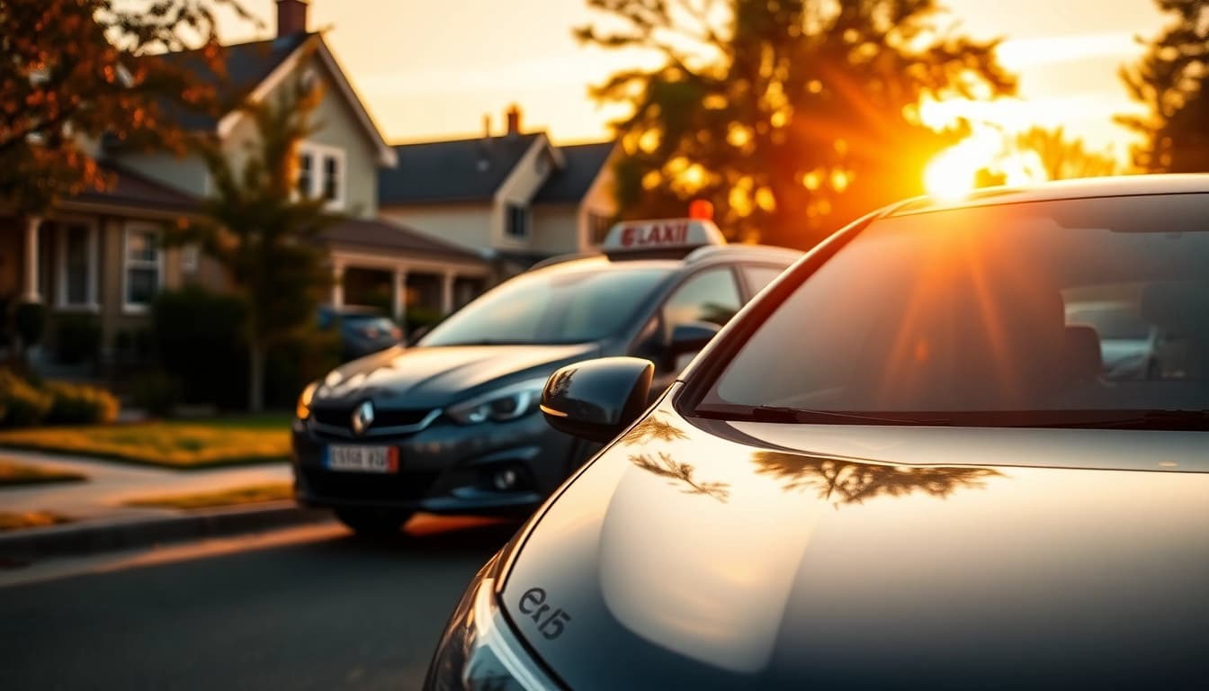 Minicabs parked in a serene suburban environment during sunset, highlighting their elegance and comfort.
