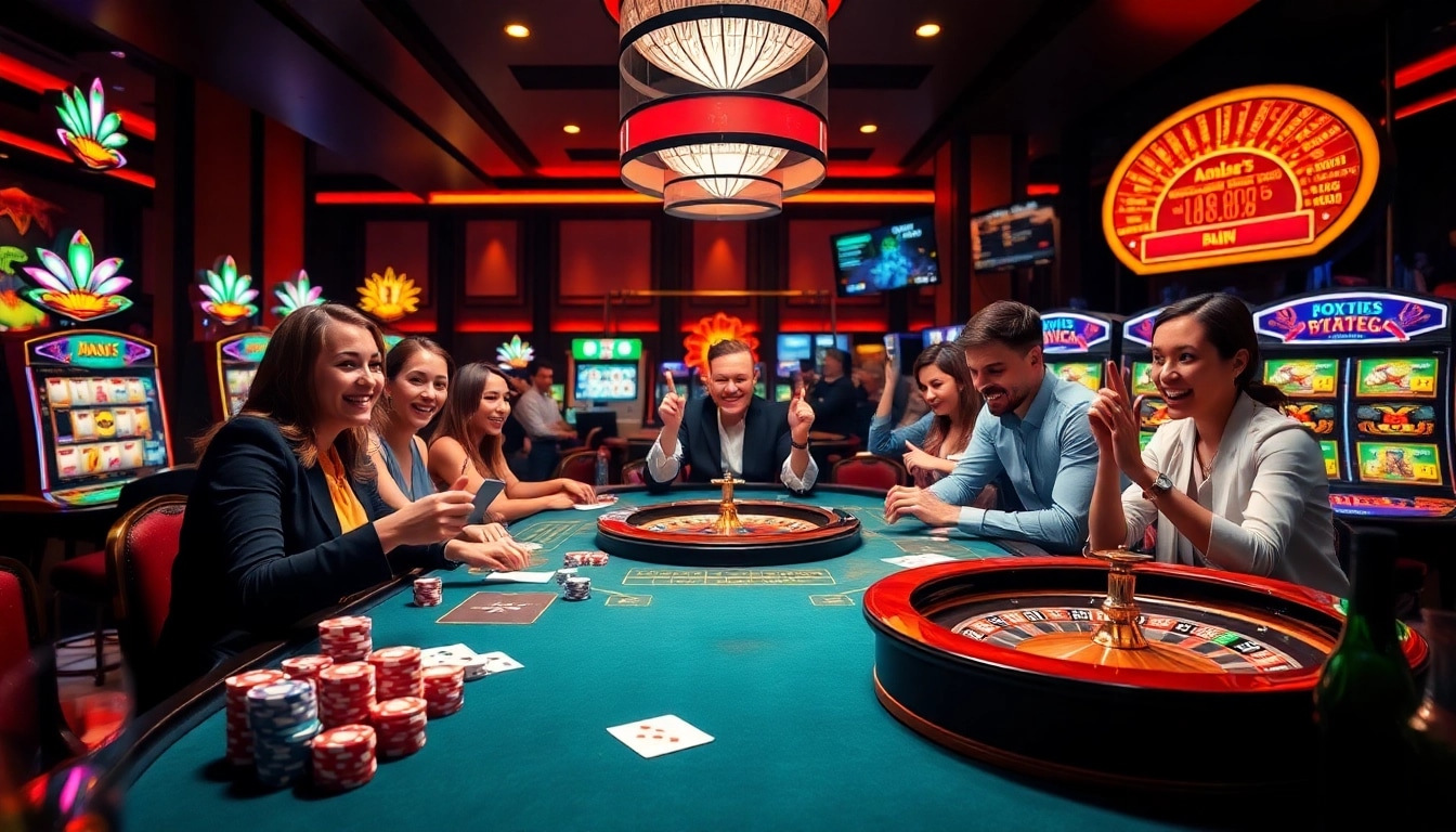 A vibrant casino scene featuring players at a table with cards, chips, and a roulette wheel, highlighting the excitement of https://du88.help/.