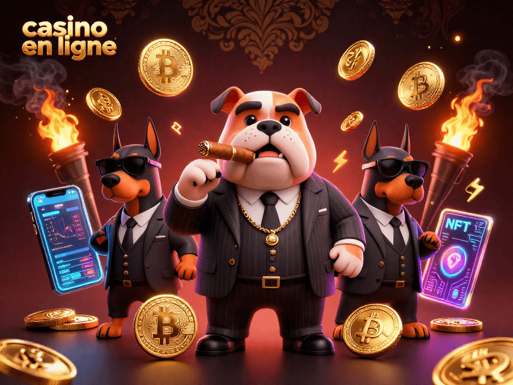 Plongez dans le monde du casino en ligne avec un bulldog mafieux entouré de Dobermans et de symboles crypto.