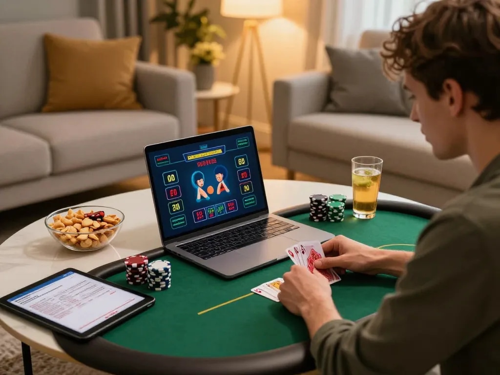 Engaging poker game on laptop featuring nhà cái uy tín SC88 in cozy home setting, promoting strategic gaming.