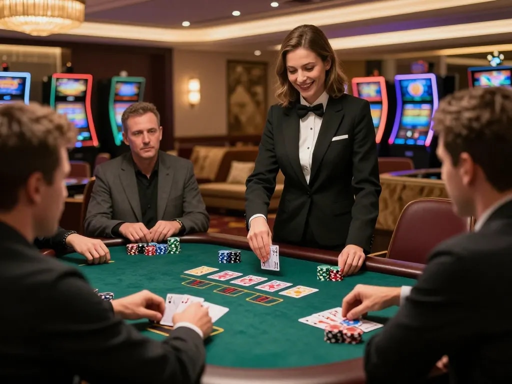 Experience NK88's intense blackjack gameplay with players strategizing their bets at an upscale casino.
