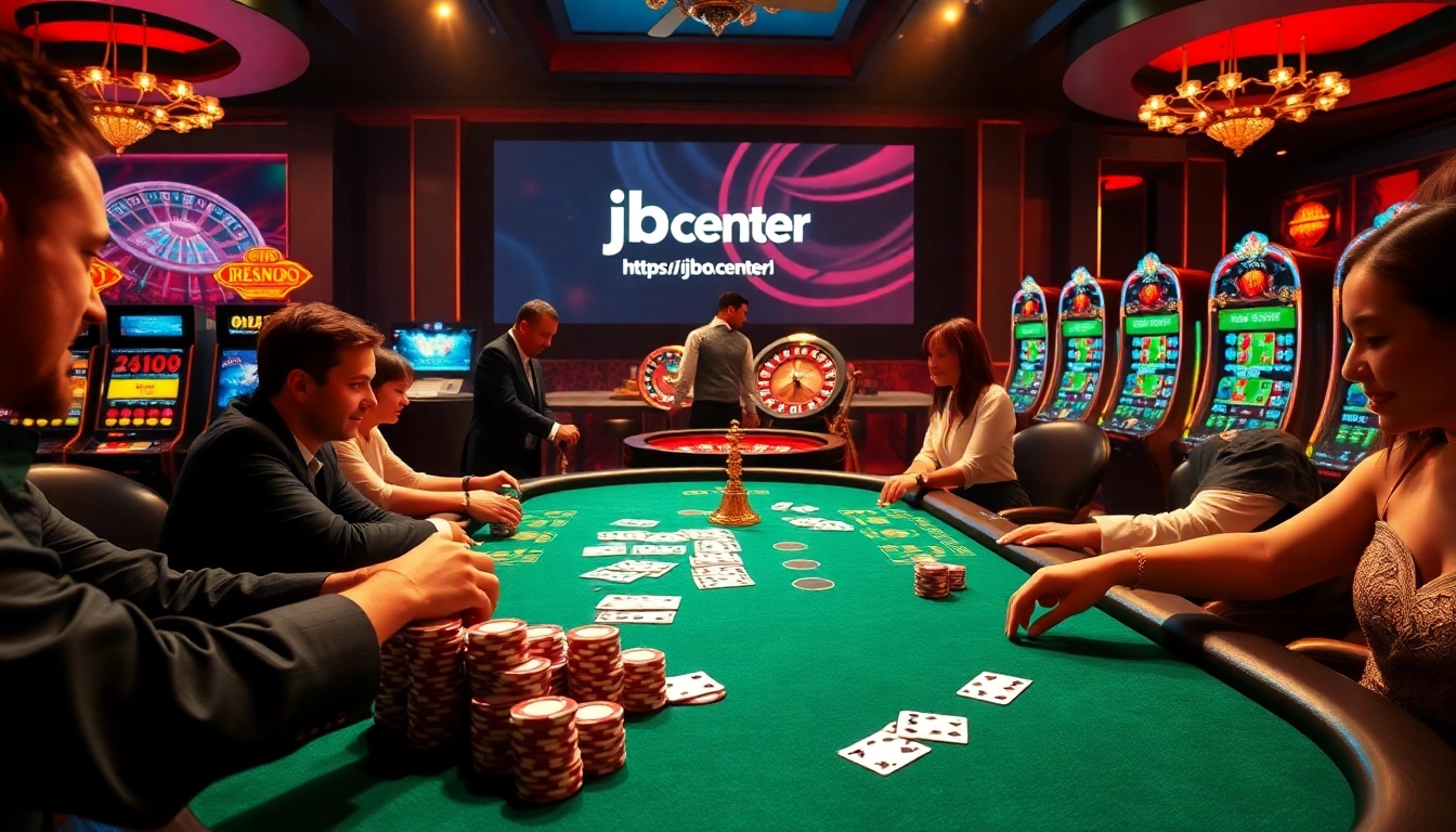 Experience high-stakes gambling at https://jbo.center/, where players engage intensely at the poker table surrounded by vibrant casino elements.