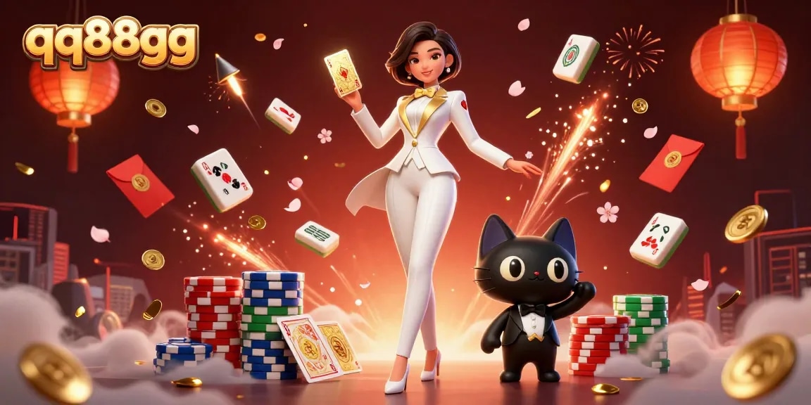 Engage with thrilling casino gaming at qq88gg featuring a glamorous croupier and festive elements.