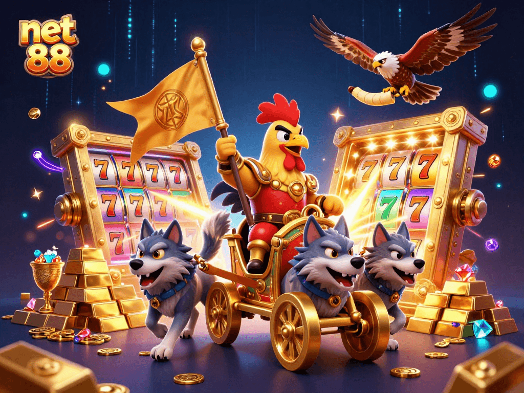Experience the thrill of net 88 with this vibrant casino-themed 3D illustration featuring dynamic characters and rich treasures.