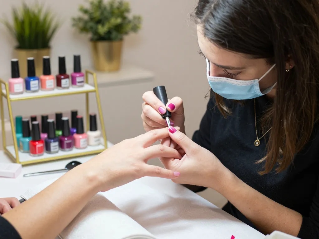 Tehnician profesionist de unghii aplicând gel constructie unghii într-un salon luxos.