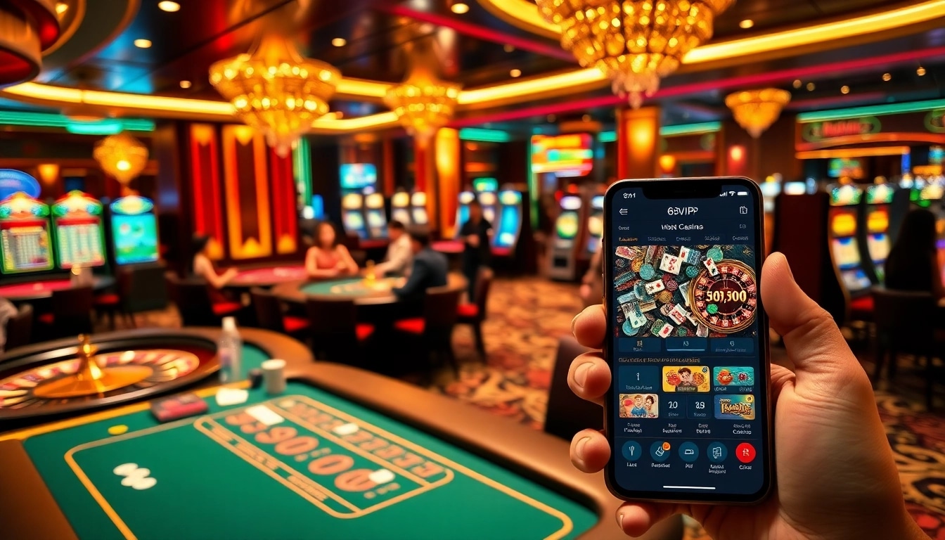 Experience the excitement of 68VIP casino with players at poker tables and vibrant slot machines.