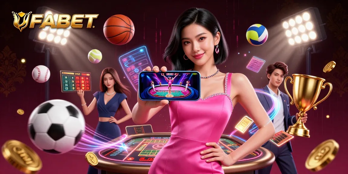 Experience the excitement of UFABET with a stunning Asian woman showcasing a live dealer game on her smartphone amidst dynamic sports elements.