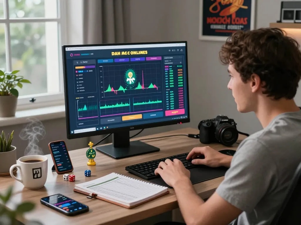 A person analyzing the interface of an online betting platform for danh de online, surrounded by gaming accessories and warm lighting.