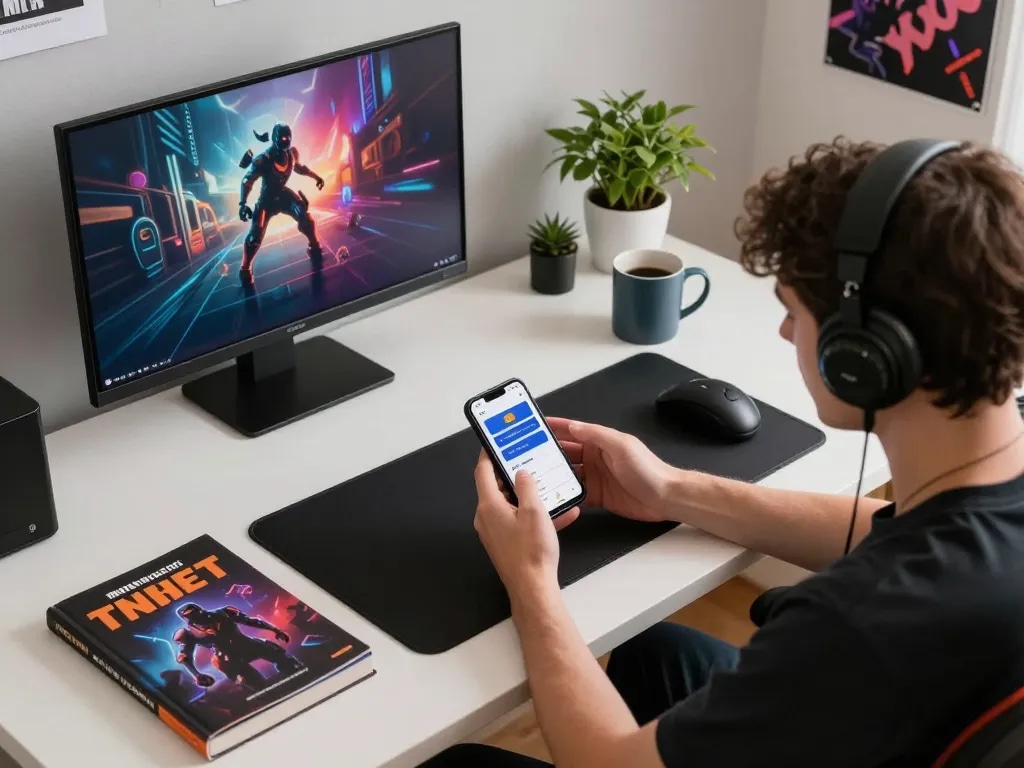 Engaging with F8bet app during online gaming on a sleek setup, highlighting modern betting experience