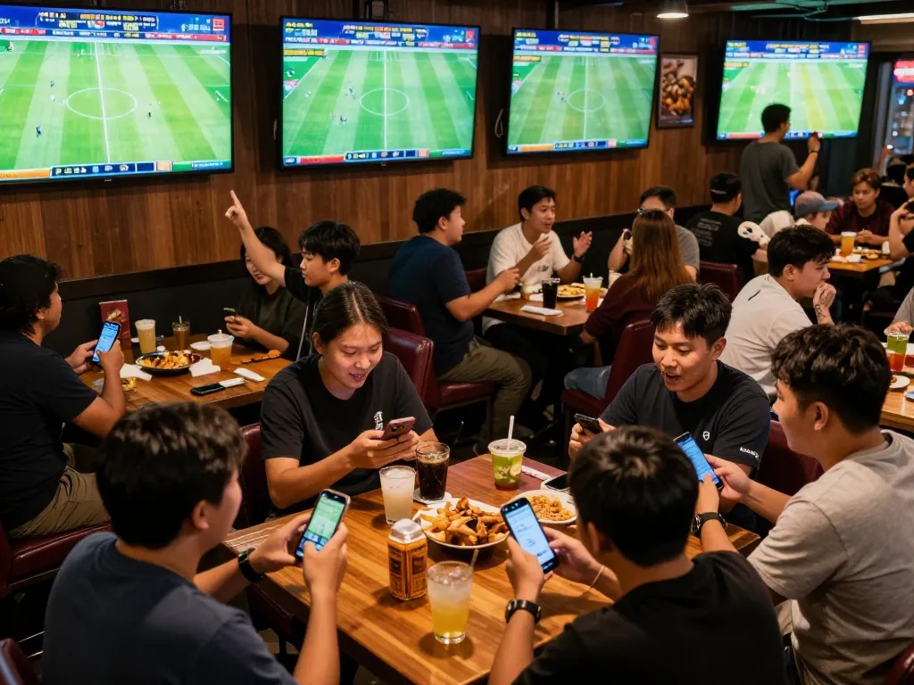 Kèo nhà cái 5 sports betting excitement at a lively sports bar with patrons placing bets