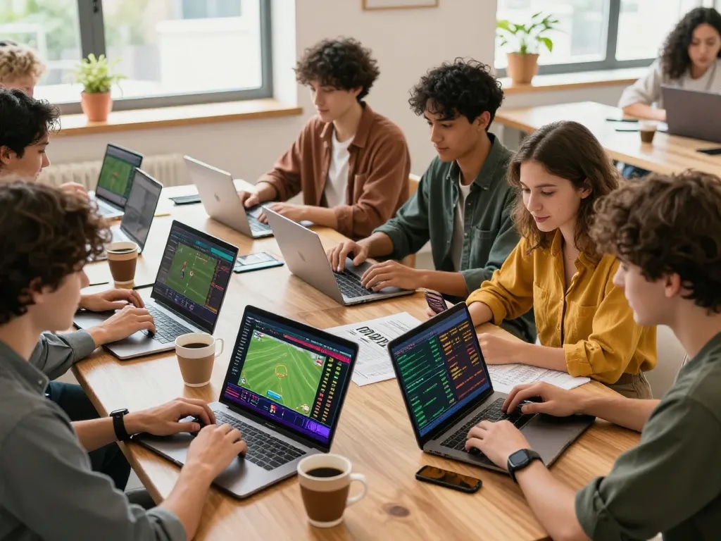 Vibrant scene of young adults engaged in trang cá độ bóng đá uy tín, showcasing excitement in online sports betting activities