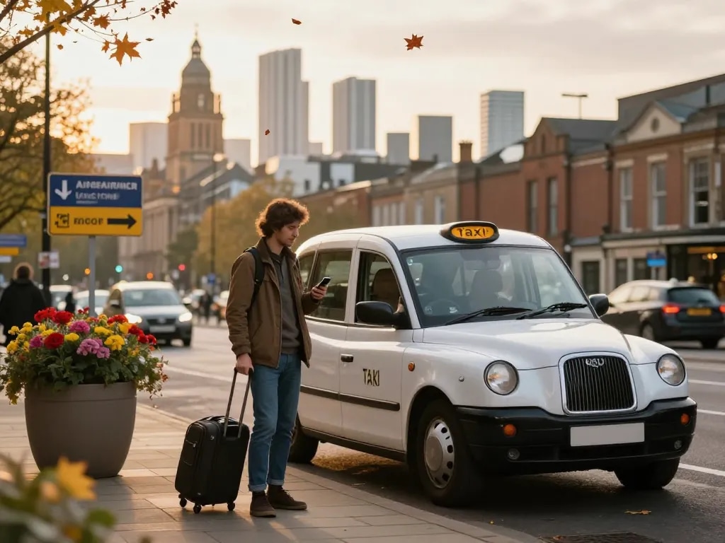 Taxi fare estimate scene in Leeds with traveler checking phone by taxi.
