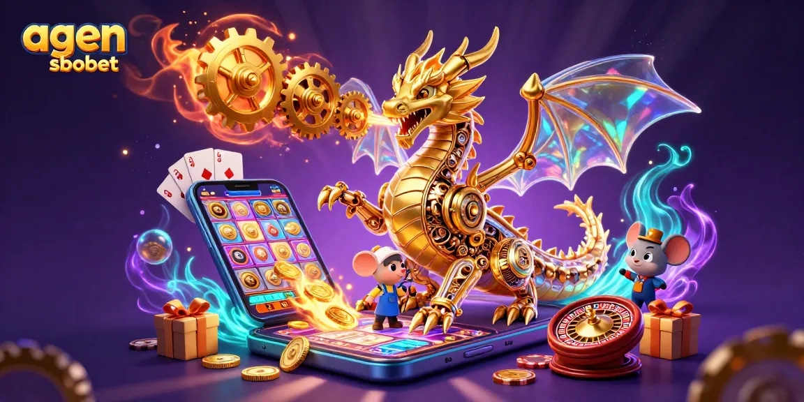 Agen sbobet offers thrilling gaming excitement with a dragon and vibrant casino elements.
