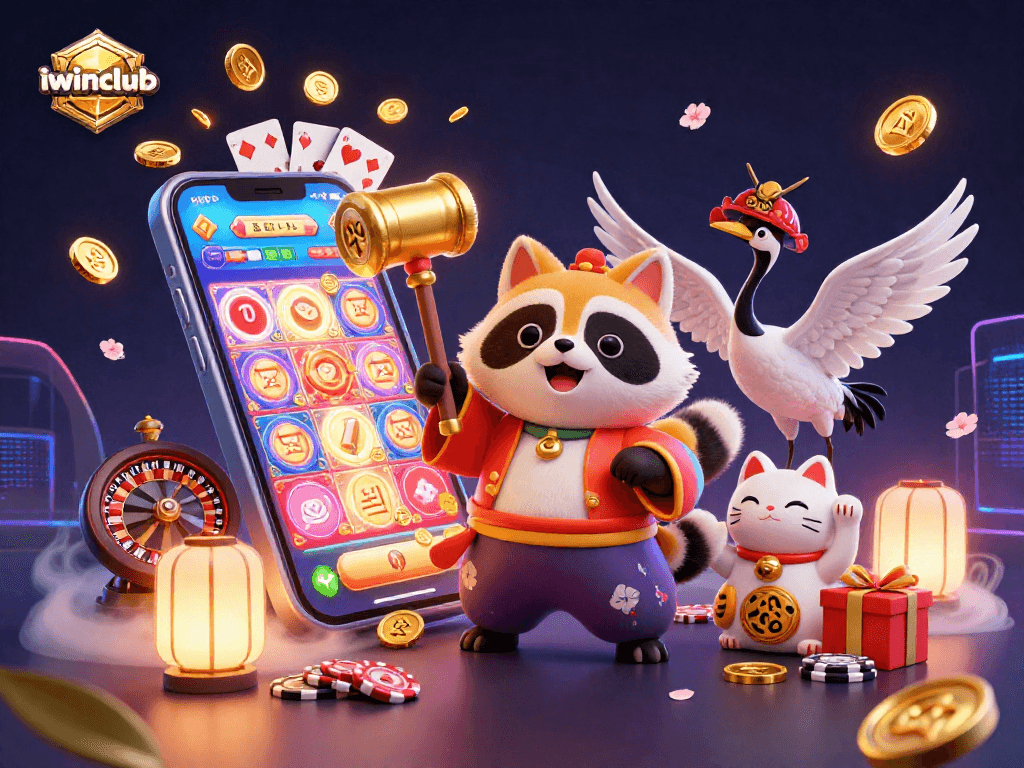 Experience the excitement of iwinclub with animated characters and vibrant gaming elements in a lively casino scene.