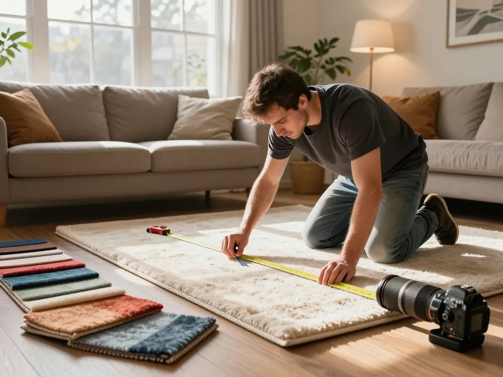Residential carpet installation in a cozy living room with warm sunlight illuminating the process.