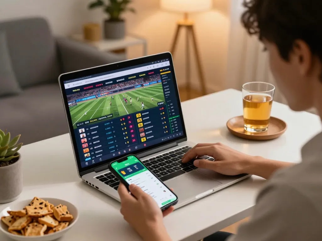 Engaging in online sports betting at DA88 with live odds displayed on a laptop.