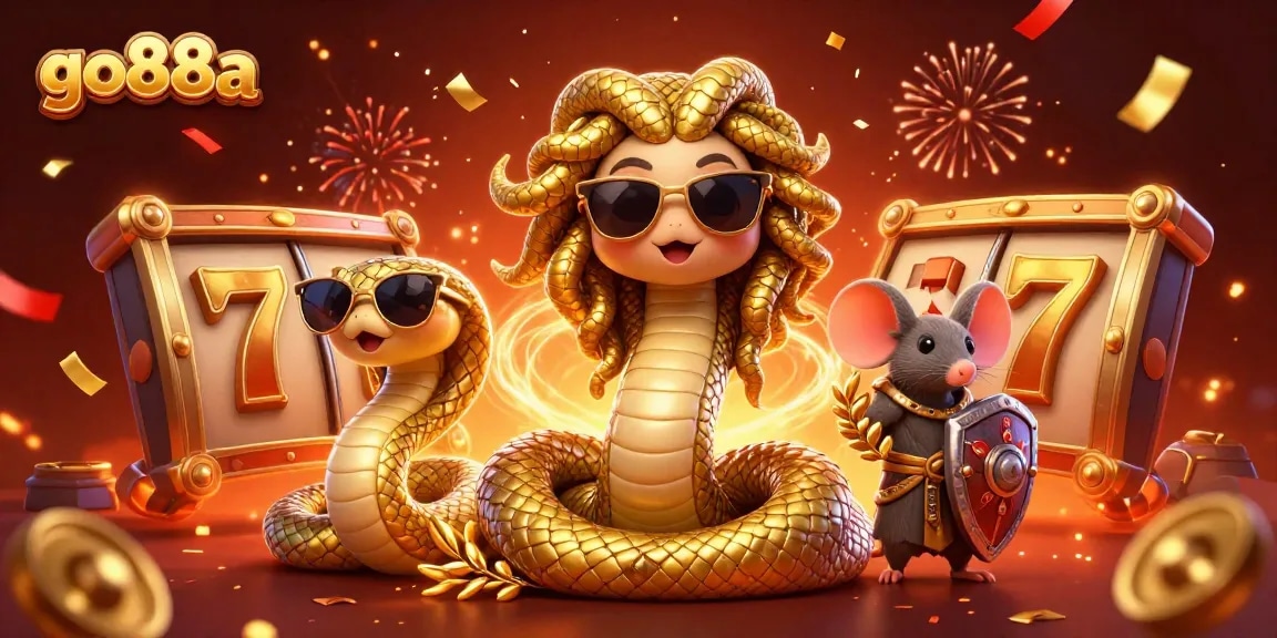 Experience thrilling gameplay with go88a as golden slot reels and lucky symbols surround friendly Medusa.