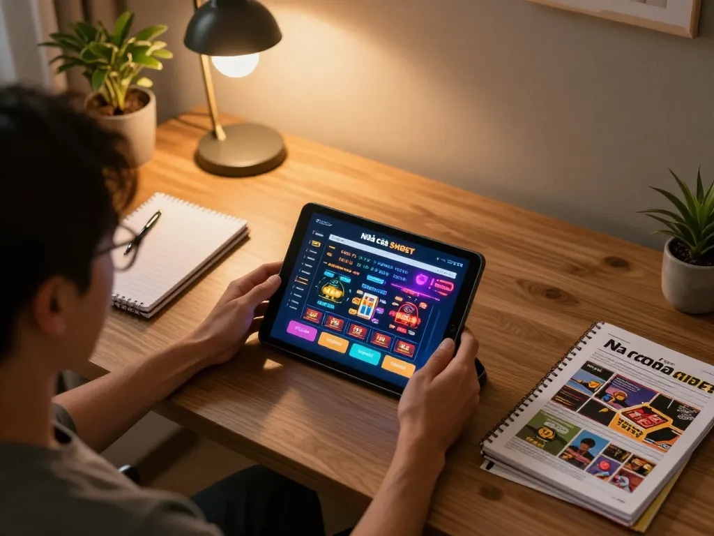 Gambling strategy session using Nhà cái SHBET's online casino platform on tablet in cozy home setting.