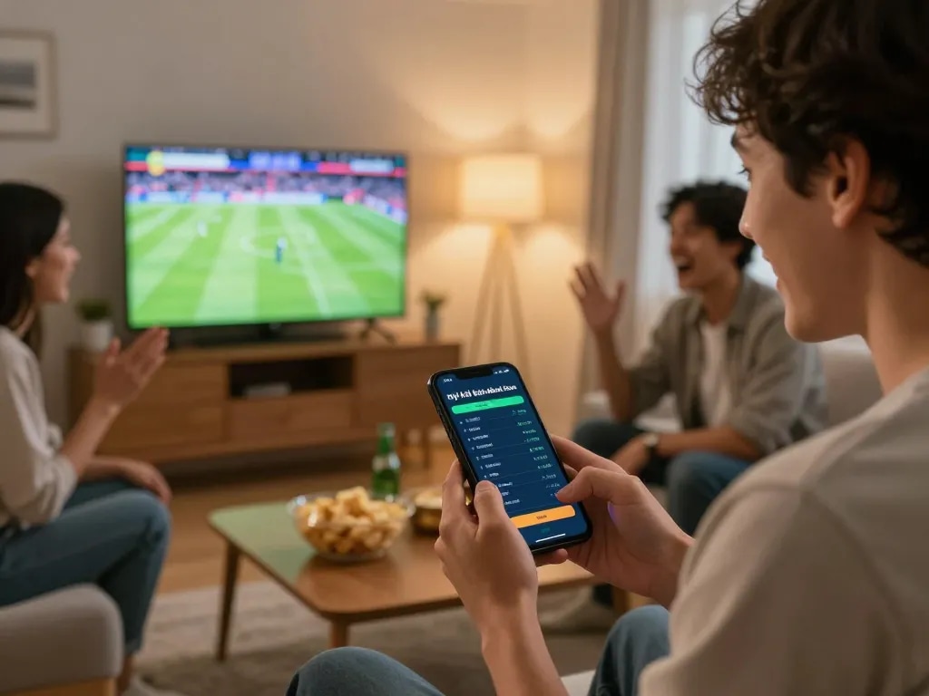 Engaging scene of sports betting with a focus on tỷ lệ kèo bóng đá on a smartphone in a warm family setting.