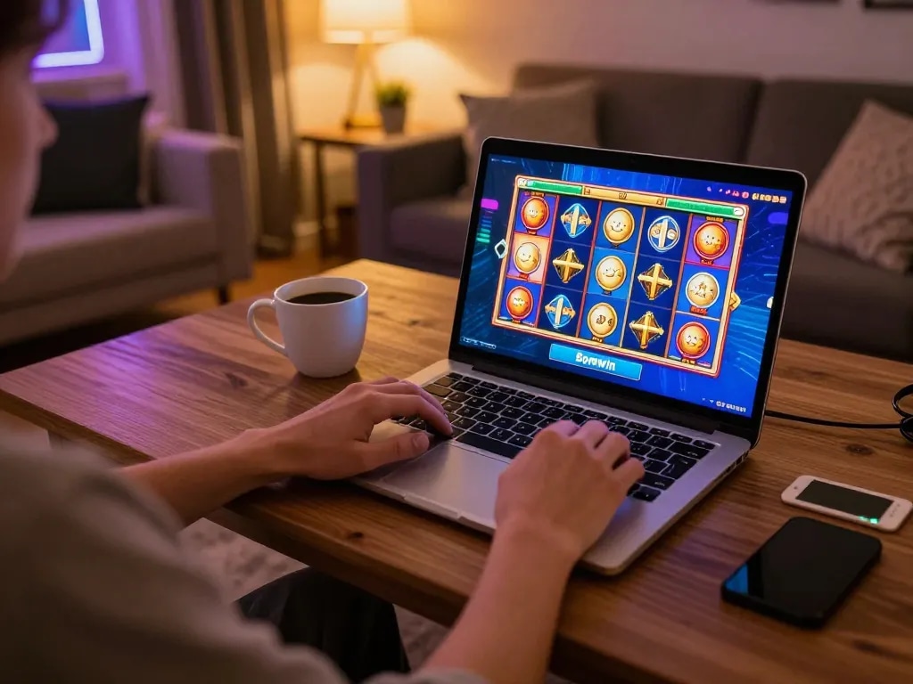 Engaging with Bomwin online slot games during a cozy home gaming session