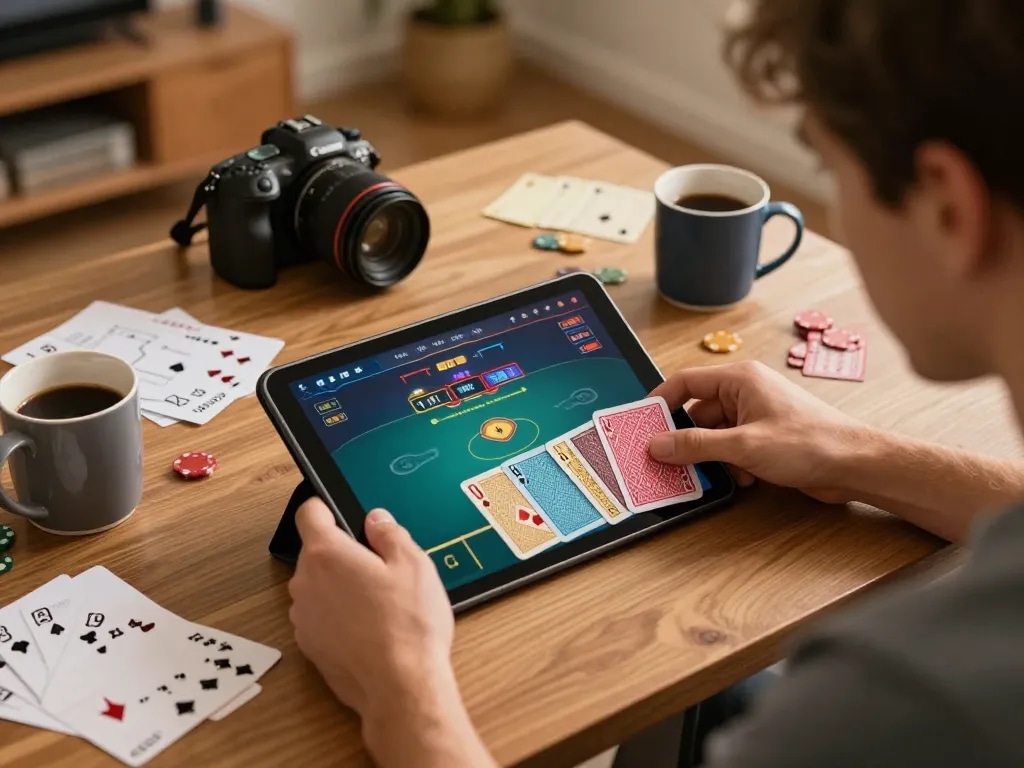 Ngonclub player engaged in online poker game on tablet in cozy home setting