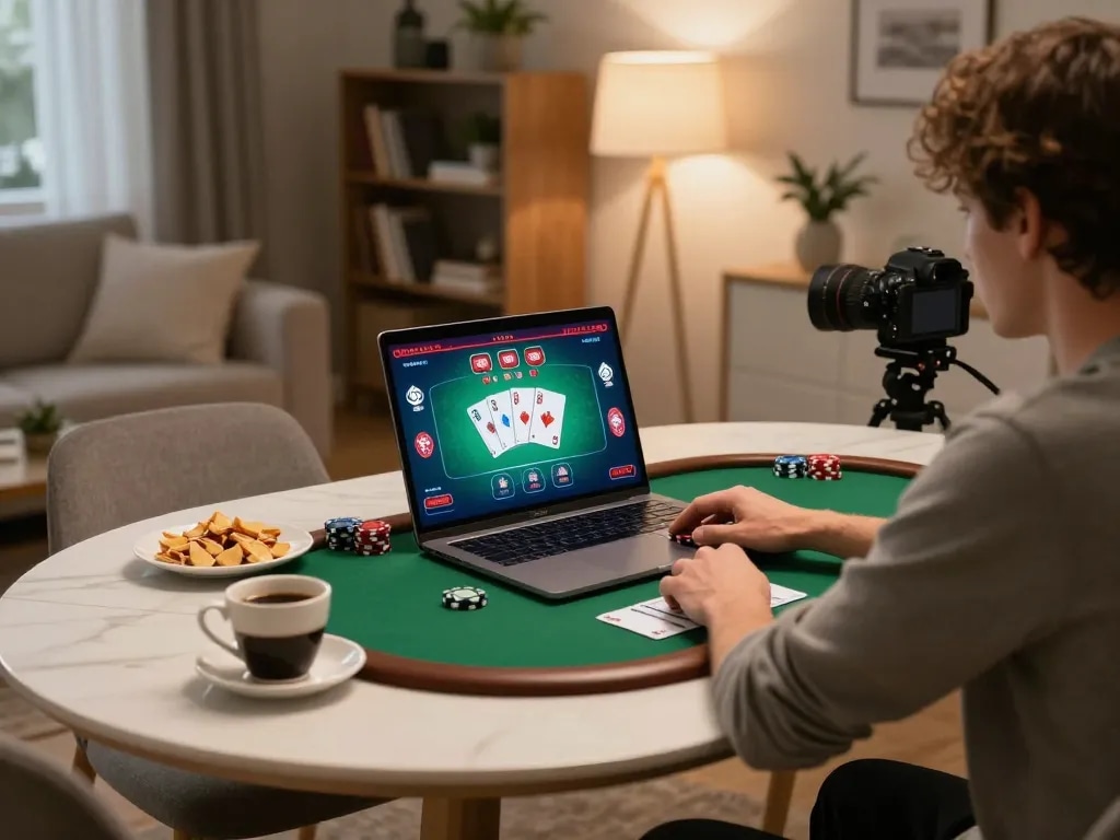 HB88 user strategically placing bets while enjoying a cozy home poker game atmosphere.