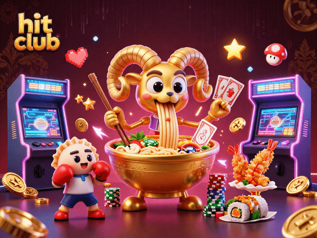 Engage with the vibrant hit club scene featuring a playful 3D ramen bowl dealer surrounded by energetic gaming elements.