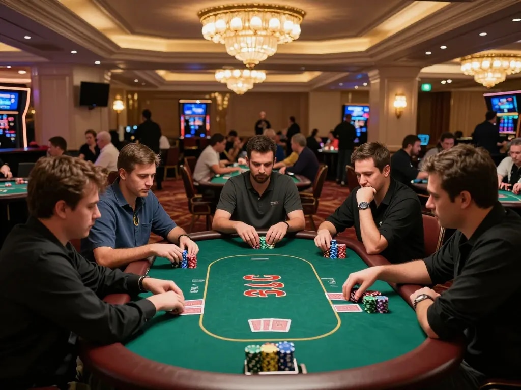 Players strategizing during a high-stakes poker game at the casino, showcasing the thrilling essence of 7mcn.