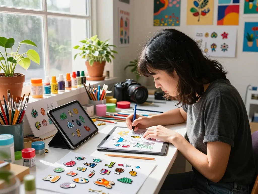 Creating custom enamel pins in a vibrant artisan workspace with design tools and colorful samples.