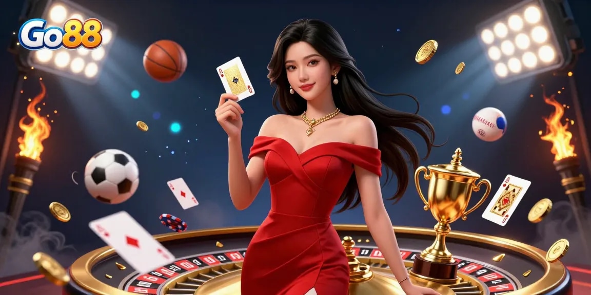 Experience winning moments at Go 88 with stunning visuals of a glamorous Asian woman and a golden roulette wheel.
