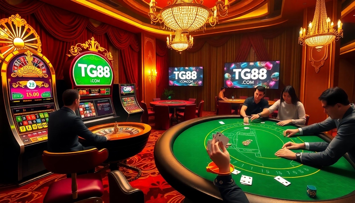 Engaging scene of players at TG88 .COM casino tables, showcasing excitement and luxury in gambling.