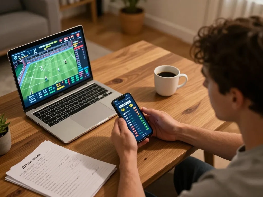 Engaged player analyzing 7mcn sports betting odds on smartphone in cozy home environment