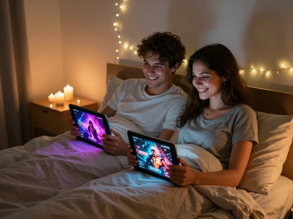 Couple enjoying sex games on tablets in a cozy bedroom.