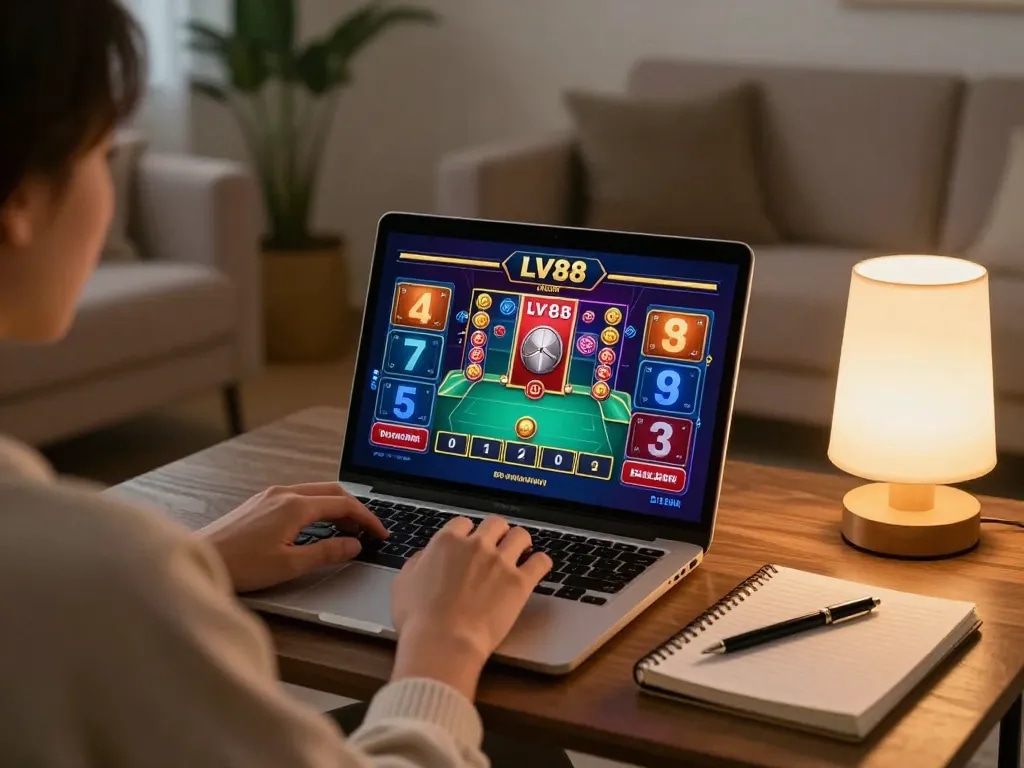 Engaged player using LV88 platform for online gambling in a cozy setting