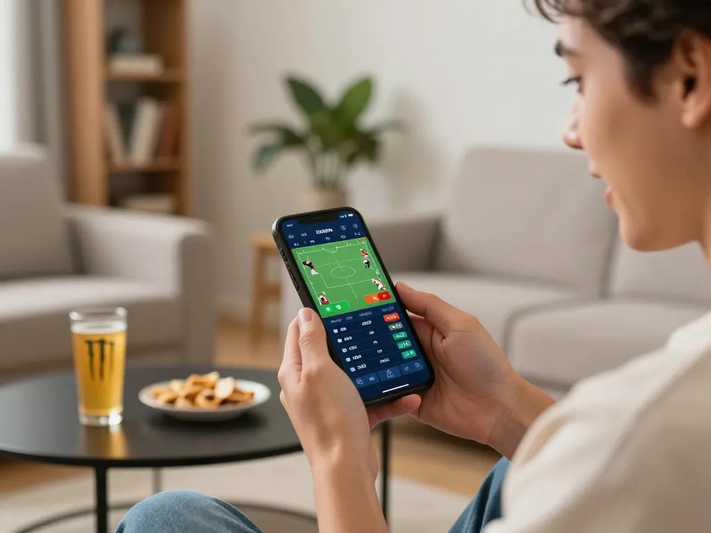 Engaging moment of đăng ký mm88 online betting through smartphone in a modern living room setting