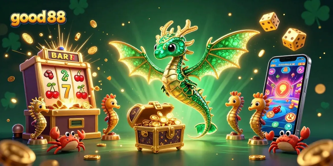 Experience exciting gameplay with good 88 in this vibrant 3D casino scene featuring a majestic sea dragon and dynamic slot elements.
