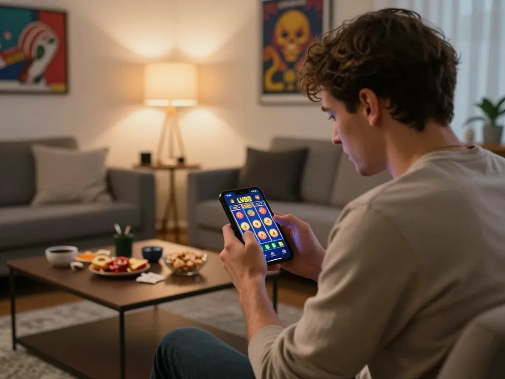 Player enjoying LV88 online slots on smartphone in cozy living room, with snacks and vibrant gameplay visible