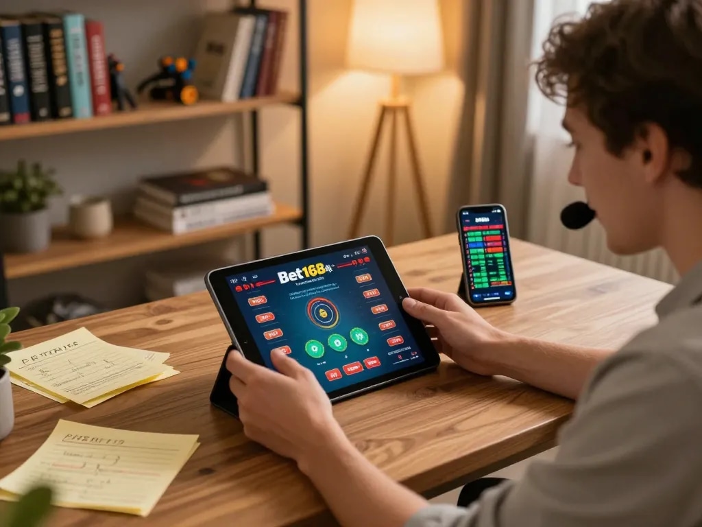 Bet168 player placing strategic bets on tablet in a cozy home gaming setup.