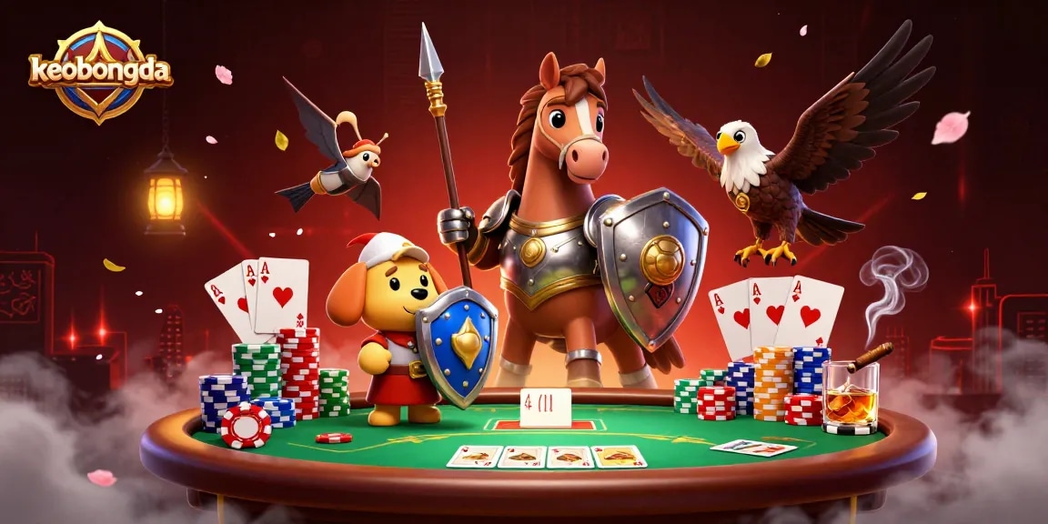 Engage with keobongda for thrilling poker action featuring knights, a puppy, and dynamic casino elements.