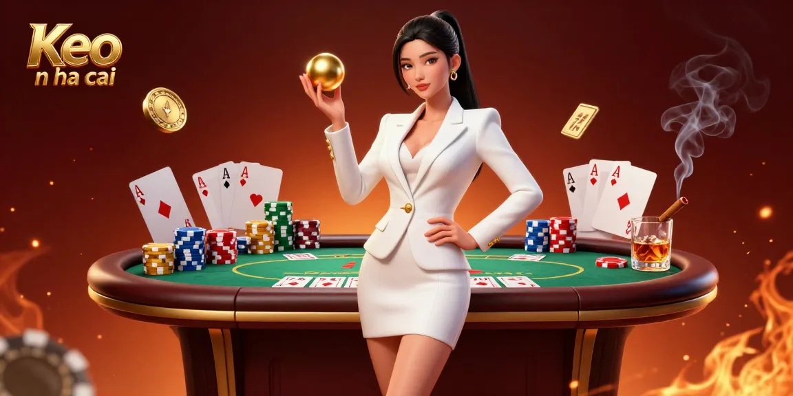 Engage with Keo nha cai through this vibrant illustration showcasing luxurious casino elements and an elegant Asian woman.
