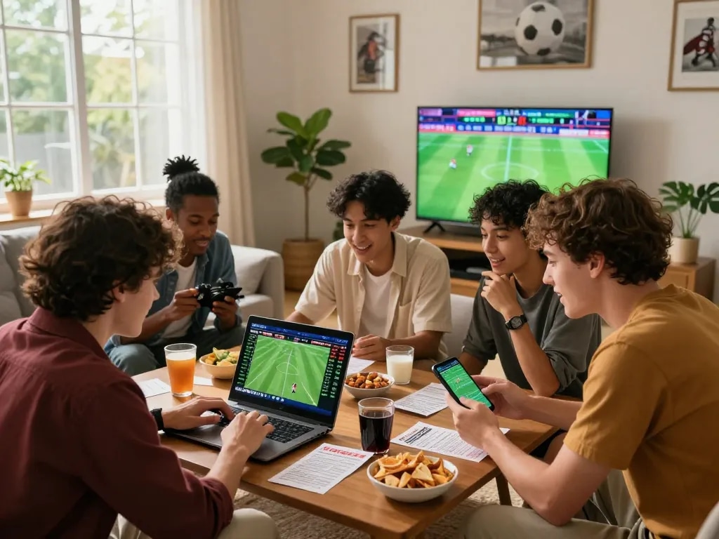 Gathered friends analyzing kèo nhà cái hôm nay while watching a live football match.