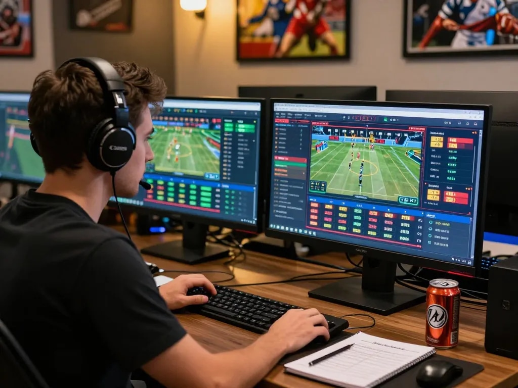 Engaged user at https://rikbet.in.net/ analyzing live sports betting interface in a stylish room.